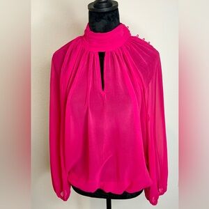 Hot Pink Sheer High-Neck Blouse with Button Detail – Size M